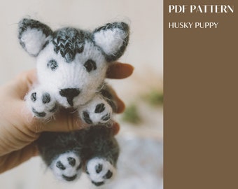 Husky puppy knitting pattern. Little knitted realistic dog step by step tutorial. DIY tiny toy. English and Russian PDF.