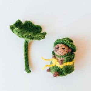 The shamrock and the dressed capybara are placed side by side on a white background. This photo shows how the accessories pair together as a themed set. Both items are clearly miniature and handmade.