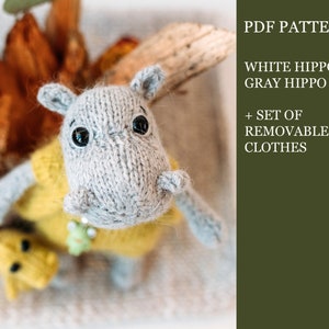 White and gray Hippo knitting pattern. Basic set of removable clothes. Amigurumi Hippopotamus DIY knitting tutorial. English & Russian PDF.