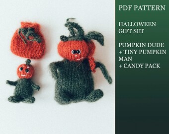 Pumpkin man knitting pattern. Set of Halloween gifts. DIY knitting tutorial. English PDF.