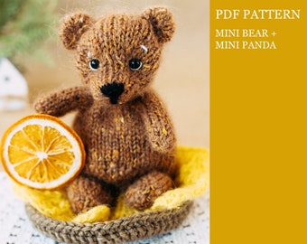 Mini Bear + Panda knitting pattern. Little knitted realistic teddy bear step by step tutorial. DIY woodland animal. English and Russian PDF.