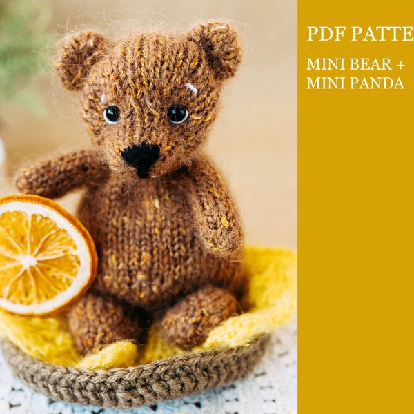 Mini Bear + Panda knitting pattern. Little knitted realistic teddy bear step by step tutorial. DIY woodland animal. English and Russian PDF.