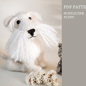 Schnauzer puppy knitting pattern. Little knitted realistic dog step by step tutorial. DIY tiny toy. English and Russian PDF.