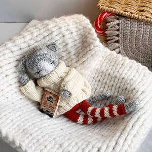 May include: A gray and white knitted cat doll wearing a white sweater and red and white striped pants is lying on a white knitted blanket. The cat doll is holding a small book with the text "The Little Prince" on the cover.