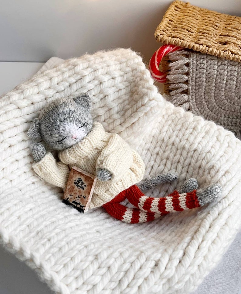 May include: A gray and white knitted cat doll wearing a white sweater and red and white striped pants is lying on a white knitted blanket. The cat doll is holding a small book with the text "The Little Prince" on the cover.