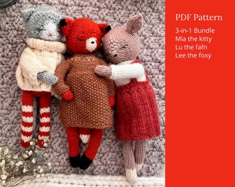 Kitten, Fawn and Fox knitting patterns. 3-in-1 Bundle: Mia the Kitty, Lu the Fawn and Lee the Foxy