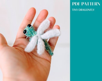 Tiny Dragonfly knitting pattern. Knitted insect step by step tutorial. DIY miniature.  English and Russian PDF.