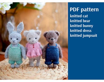 3 in 1 Knitting pattern: Cat, Bunny, Bear. Amigurumi toy set.