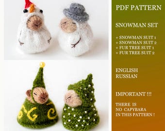 Snowman set for tiny Capybara knitting pattern. Fur tree suit DIY knitting tutorial. Removable clothes for Capybara. English and Russian PDF