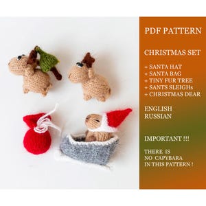 May include: A collection of handmade Christmas ornaments, including reindeer, a Santa hat, a Santa bag, a tiny fur tree, and a sleigh. The ornaments are made of yarn and are in shades of brown, red, green, and gray. The text on the right says "PDF Pattern".