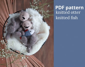 Knitted otter pattern. Cute river rat toy with fish. Detailed tutorial in English and Russian.