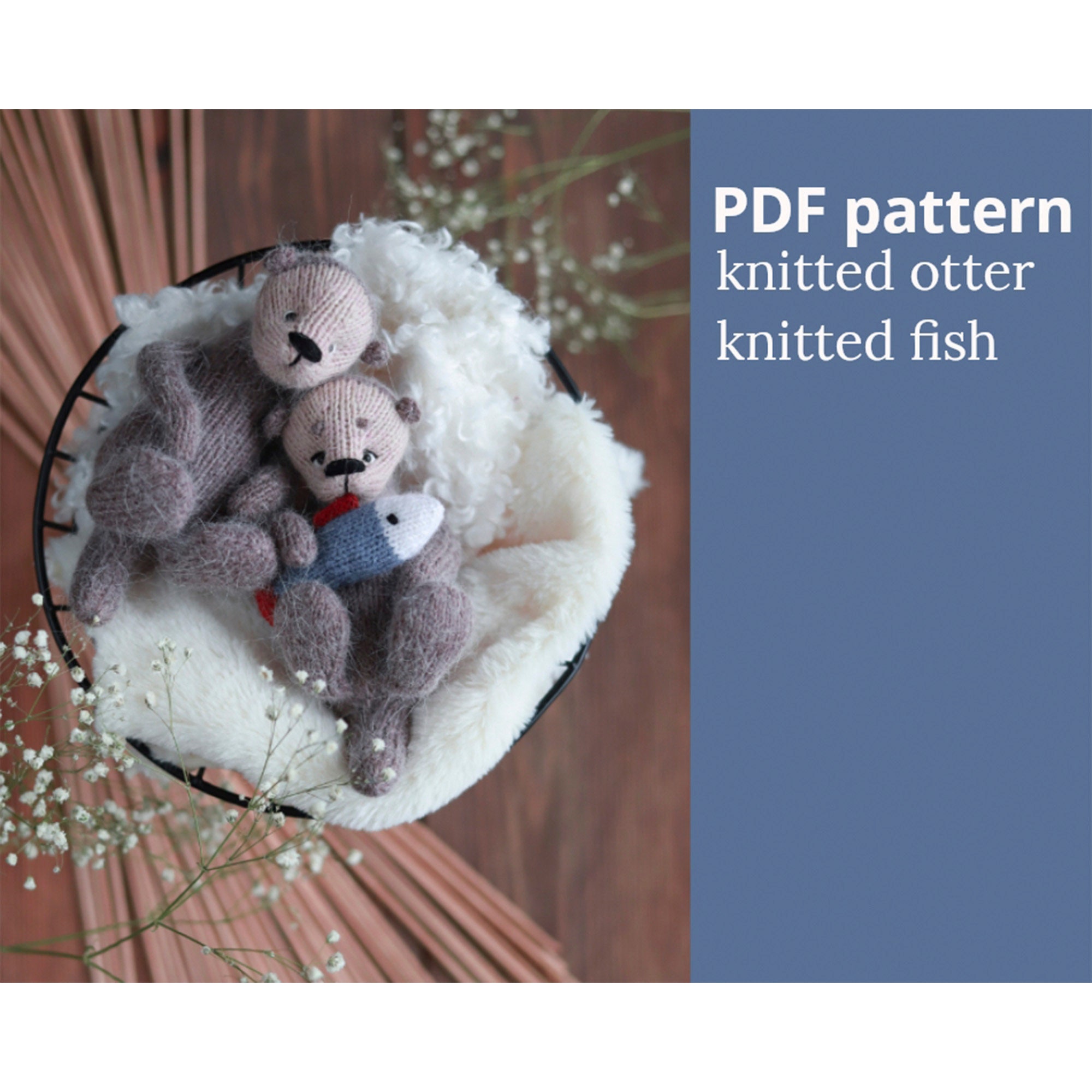 Knitted otter pattern. Cute river rat toy with fish. Detailed tutorial in English and Russian.
