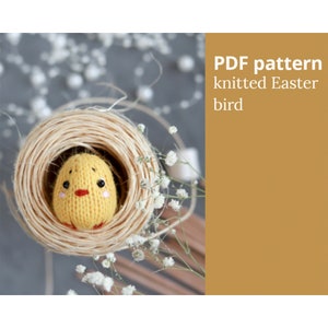 Knitted Easter decor. Knitting bird pattern. Cute chicken toy