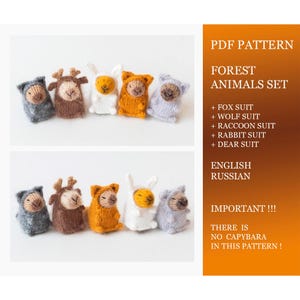 Può includere: Immagine di cinque piccole figure di animali della foresta lavorate a maglia: un procione, un cervo, una volpe, un coniglio e un lupo. Le figure sono in vari colori, tra cui grigio, marrone, arancione e bianco. È presente anche il testo "PDF PATTERN FOREST ANIMALS SET".