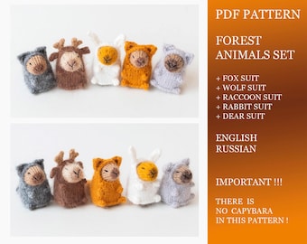 Conjunto de animales del bosque para un pequeño capibara. Patrón de tejido. Tutorial de tejido DIY. Ropa desmontable para capibara. Miniatura.