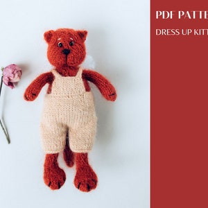 Könnte beinhalten: Handgestrickte Katzendoll mit orangebraunem Fell und beigen Latzhosen. Die Puppe hat einen süßen Ausdruck und wird mit einer getrockneten rosa Rose präsentiert. Der Text "PDF PATTERN DRESS UP KITTY" ist im Bild zu sehen.