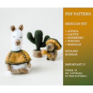 May include: A PDF pattern for crocheting a Mexican-themed set of amigurumi toys, including an alpaca, cactus, sombrero, poncho, and maracas. The pattern is available in English and Russian. The image shows a white alpaca wearing a yellow poncho, a green cactus, and a brown sombrero.