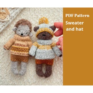 May include: PDF pattern for a knitted sweater and hat for a small stuffed animal. The pattern includes a brown bear wearing a grey and yellow striped sweater and a brown hedgehog wearing a tan and yellow striped sweater.