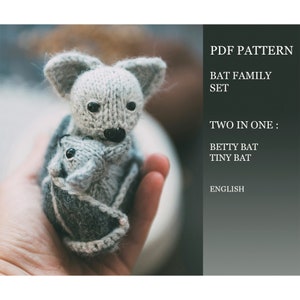 May include: PDF pattern for knitting a bat family set, including a larger "Betty Bat" and a smaller "Tiny Bat". The pattern is available in English.
