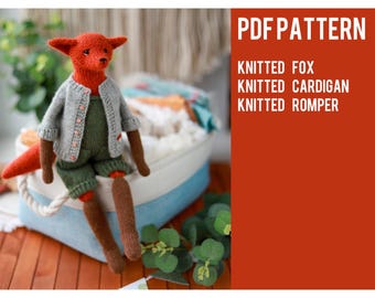 Knitted Fox Pattern PDF. Amigurumi Fox Toy 33-35 cm. Sitting Fox with Romper & Cardigan. Beginner Knitting Pattern