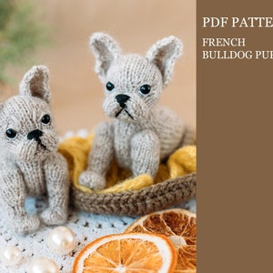 French Bulldog puppy knitting pattern. Little knitted realistic dog step by step tutorial. DIY tiny toy. English and Russian PDF.