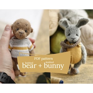 Knitting toy pattern. Knitted bear. Knitted bunny. Cute amigurumi.