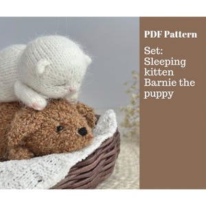 May include: A PDF pattern for a sleeping kitten and Barnie the puppy. The image shows a white knitted kitten resting on top of a brown textured puppy, both nestled inside a small woven basket lined with a white fabric cloth.