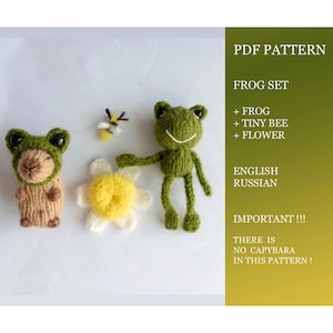 Op de afbeelding: PDF-patroon voor het haken van een kikker, een kleine bij en een bloem. Het patroon is beschikbaar in het Engels en Russisch. BELANGRIJK ! DIT PATROON BEVAT GEEN CAPYBARA!
