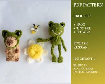 Patrón de tejido para un pequeño capibara con un conjunto de ranas. Tutorial de tejido DIY para una rana. Abejita y cojín con flores para tejer en miniatura.