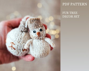 Christmas Tree Decor Set knitting pattern: tree, ball and snowman ornaments PDF tutorial