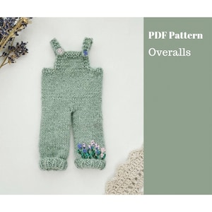 May include: A PDF pattern for knitting baby overalls. The overalls are green with a floral embroidery design. The pattern is for a knitted garment.
