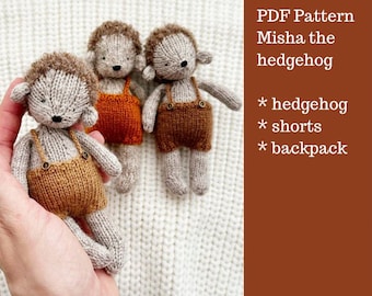 Misha the Hedgehog, shorts, backpack. Knitting pattern. English and Russian PDF.