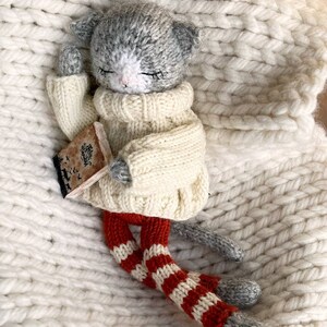 May include: A gray and white knitted cat doll wearing a white sweater and red and white striped pants. The doll is holding a small book and is lying on a white knitted blanket.