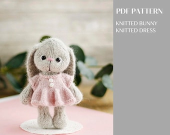 Bunny knitting pattern. Cute animal toy in a dress. DIY