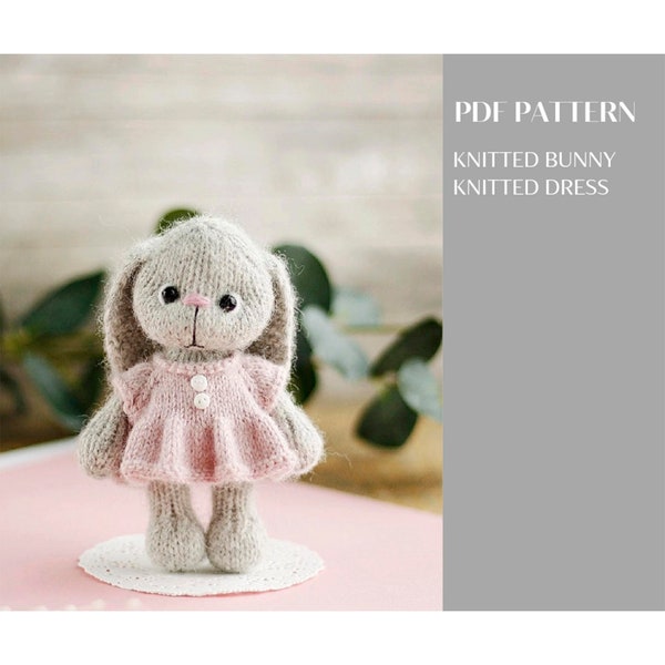 Bunny knitting pattern. Cute animal toy in a dress. DIY