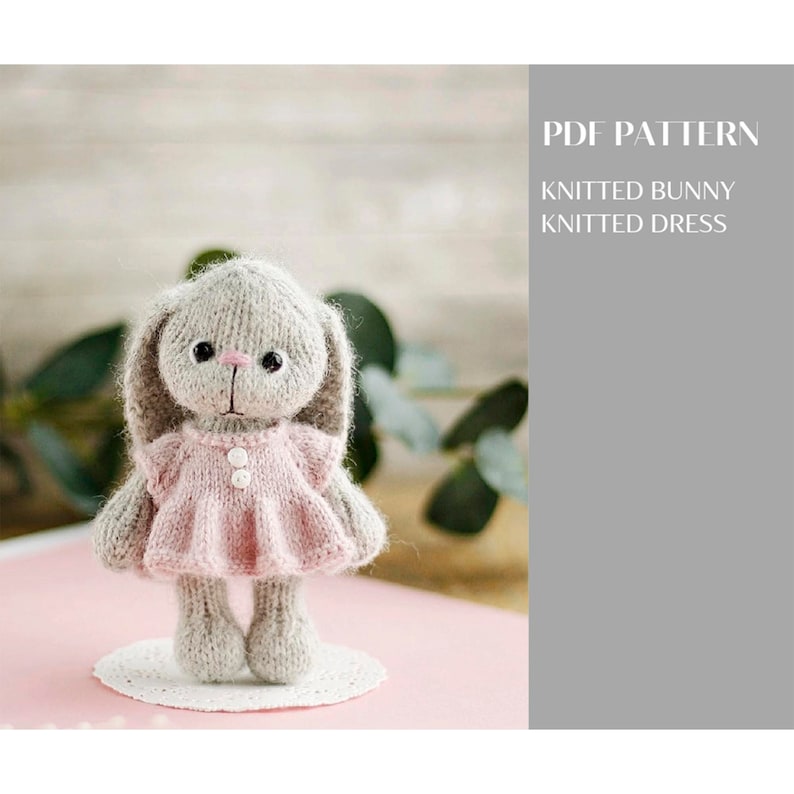 Bunny knitting pattern. Cute animal toy in a dress. DIY image 1