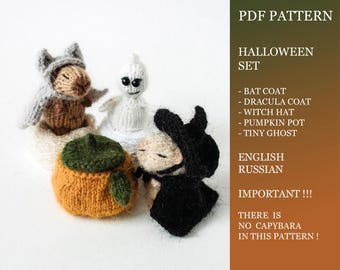 Halloween set for tiny Capybara knitting pattern. Tiny ghost DIY knitting tutorial. Pumpkin pot knitting miniature. English and Russian PDF.