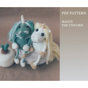 Maggy the Unicorn knitting pattern. Knitted amigurumi unicorn step by step tutorial. DIY horse pocket toy. English PDF.