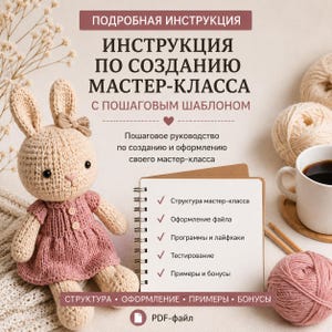 Pode incluir: Uma boneca de coelho de crochê com um vestido rosa empoeirado senta-se ao lado de um caderno espiral. O caderno exibe texto em russo, incluindo "ПОДРОБНАЯ ИНСТРУКЦИЯ" e uma lista de passos para criar um tutorial, junto a novelos e uma caneca.