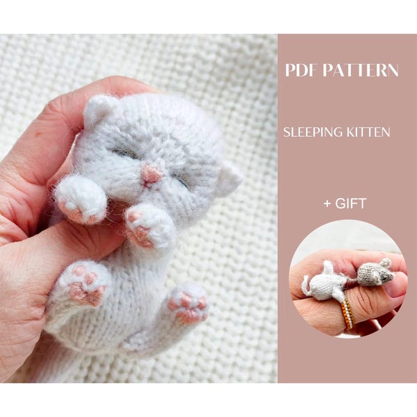 Sleeping kitten knittting pattern. Realistic kitty tutorial. English and Russian PDF.