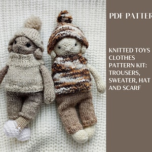 Knitted toys clothes pattern kit: trousers, sweater, hat and scarf. English and Russian PDF.