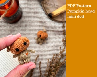 Pumpkin head mini doll knitting pattern. English and Russian PDF.