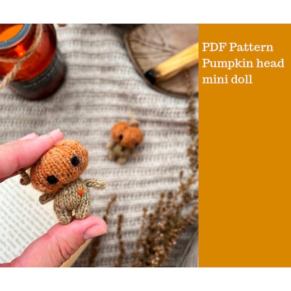 Pumpkin head mini doll knitting pattern. English and Russian PDF.