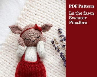 Lu the Fawn knitting pattern: deer doll with sweater and pinafore, PDF download