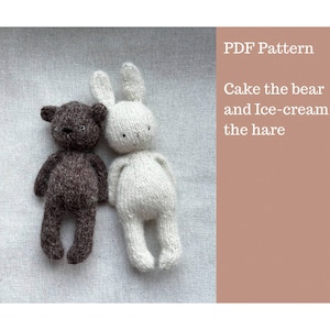 May include: PDF pattern for knitting a brown bear named Cake and a white hare named Ice-cream. The pattern includes instructions for making both toys.