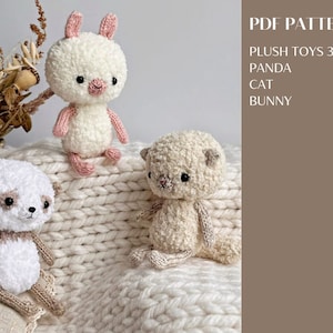 Plüschtiere 3 in 1 Strickanleitung Panda, Katze und Hase, Amigurumi Muster. Englisch und Russisch PDF.