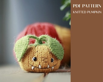 Knitted pumpkin for Halloween. Pattern pdf. Amigurumi toy. Knitted vegetables tutorial.