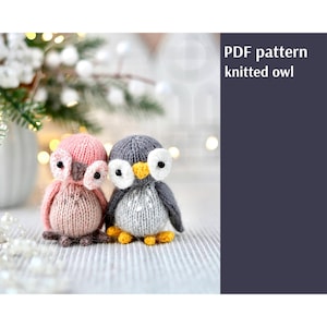 May include: Two knitted owl figurines. One is pink and brown, the other is gray and white. Both have large white eyes and yellow beaks. The text "PDF pattern knitted owl" is visible in the image.