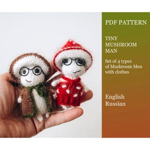 May include: Two tiny, knitted mushroom figures with glasses and clothes. One mushroom man wears a brown coat and green vest, the other a red dress with white polka dots. The image includes text that says "PDF PATTERN" and "TINY MUSHROOM MAN".
