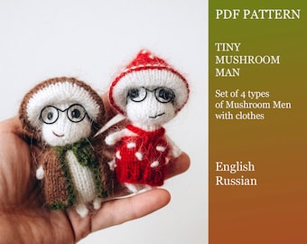 Tiny Mushroom Man knitting pattern. Knitted amigurumi Fairy miniature step by step tutorial. Autumn decor. DIY pocket toy.